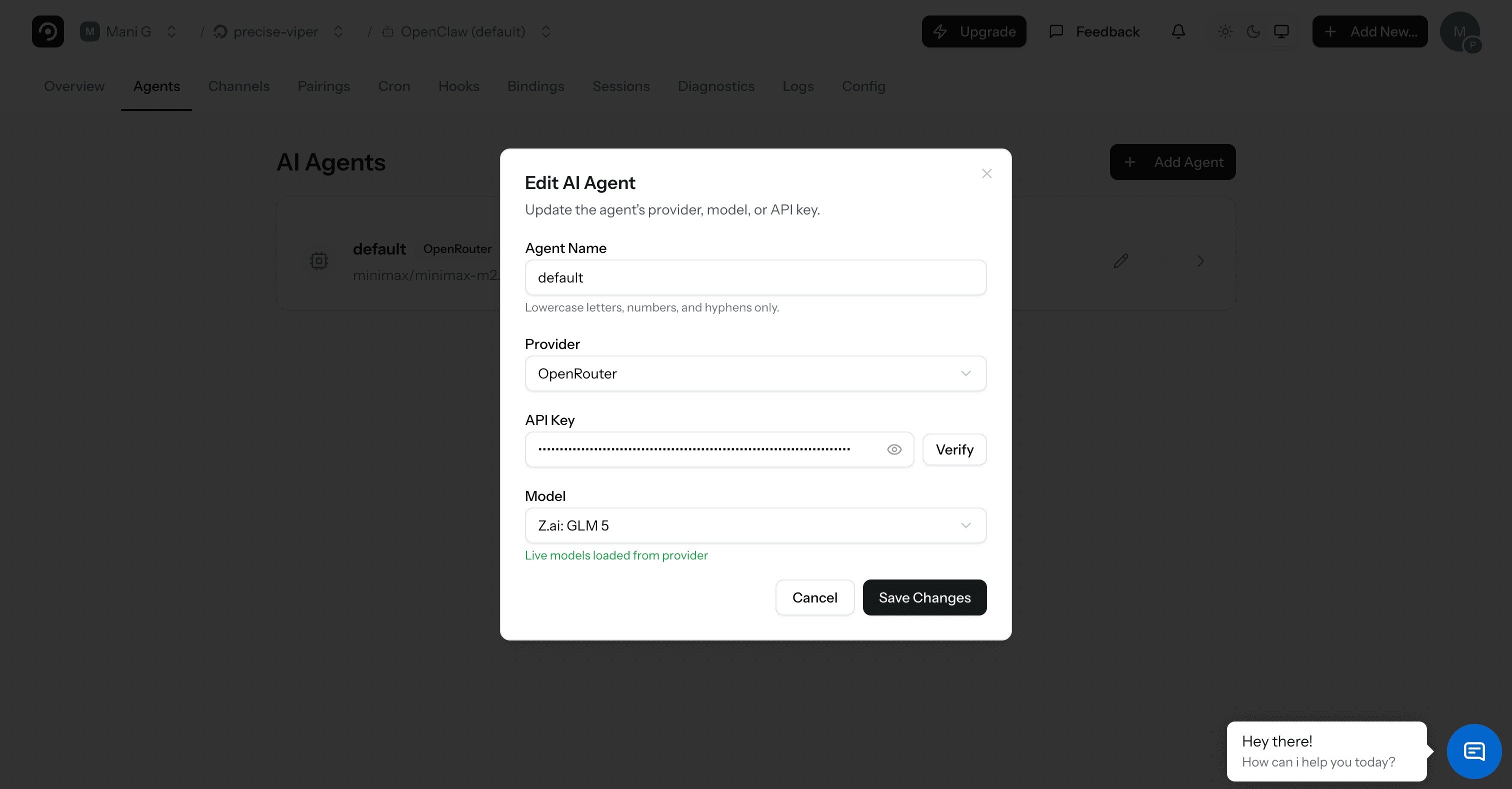 GLM 5 OpenClaw setup — Edit AI Agent dialog with agent name, OpenRouter provider, verified API key, and Z.ai GLM 5 model selected