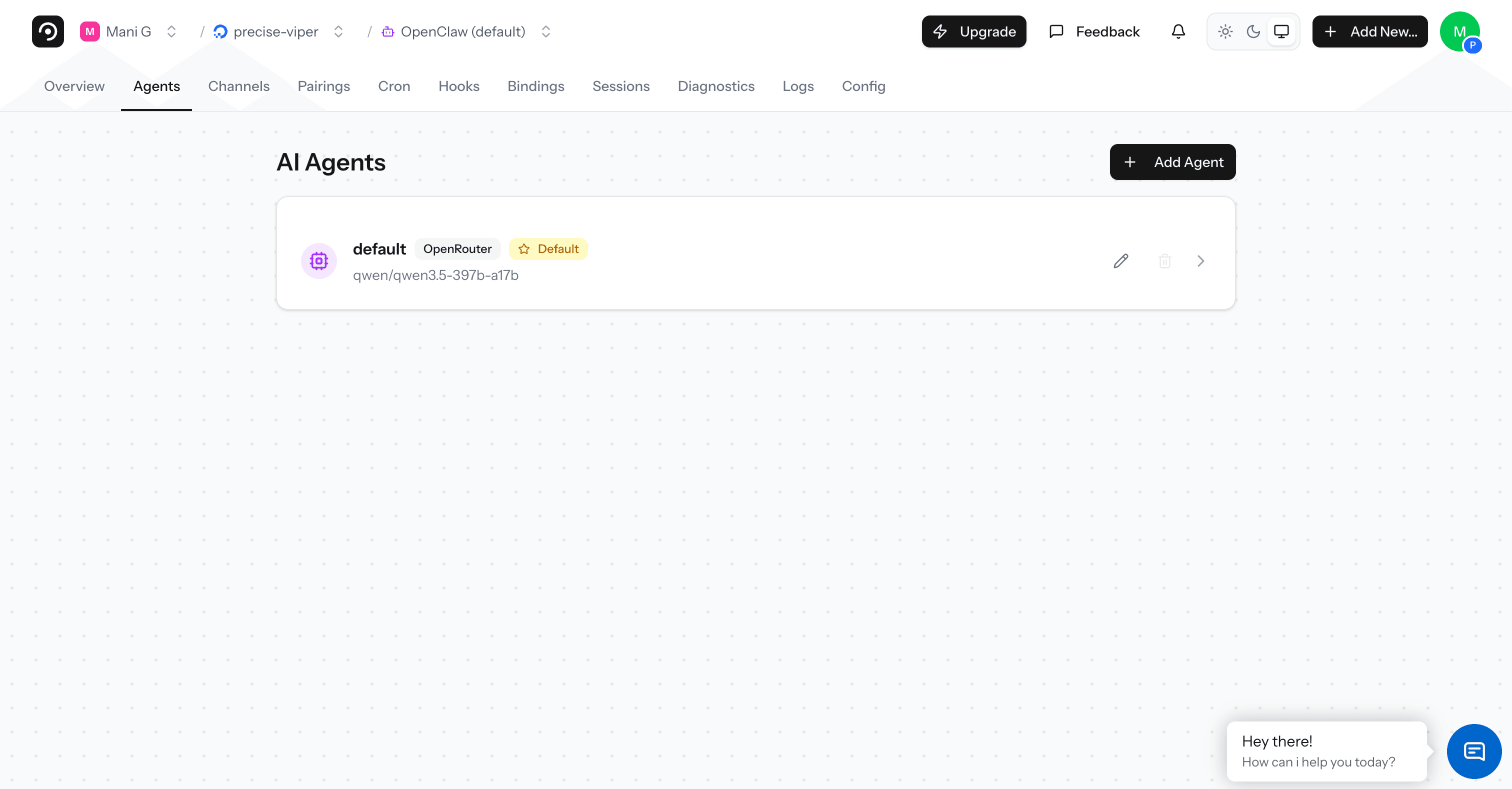 Qwen3.5 397B A17B running on OpenClaw — Agents tab showing the configured default agent with OpenRouter provider and qwen/qwen3.5-397b-a17b model ready