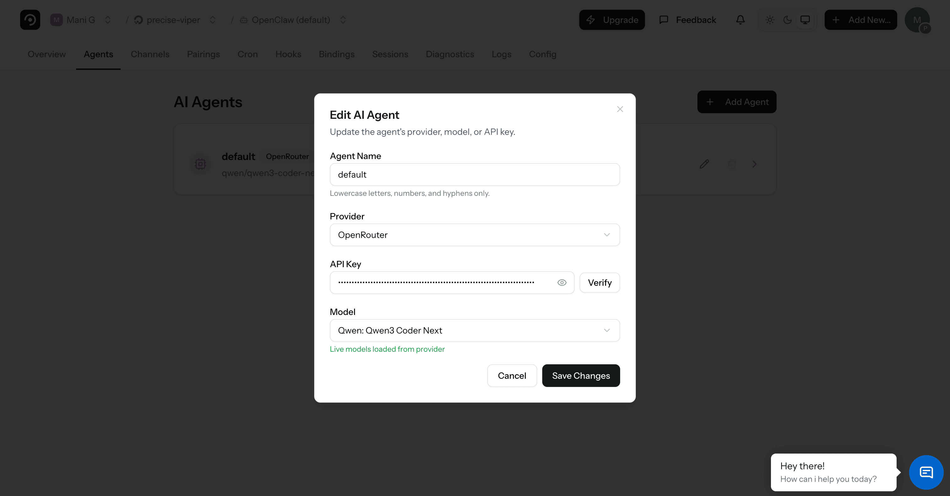 Qwen3 Coder Next OpenClaw setup — Edit AI Agent dialog with agent name, OpenRouter provider, verified API key, and Qwen Qwen3 Coder Next model selected