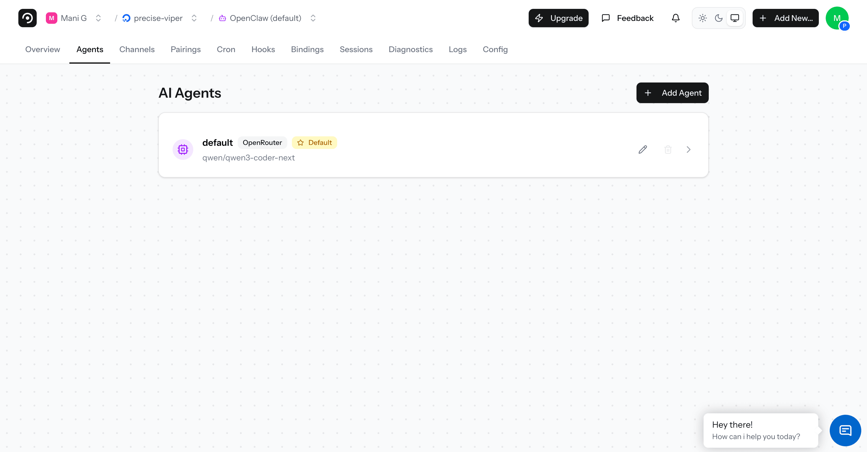Qwen3 Coder Next running on OpenClaw — Agents tab showing the configured default agent with OpenRouter provider and qwen/qwen3-coder-next model ready